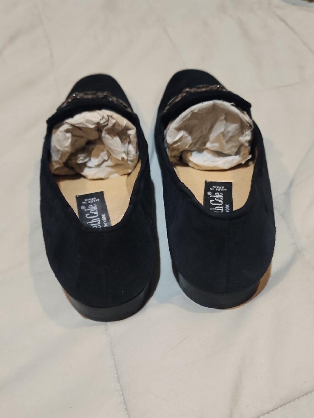 Vintage Kenneth Cole Black Suede Loafers with Floral Metal Accent - Picture 3 of 6